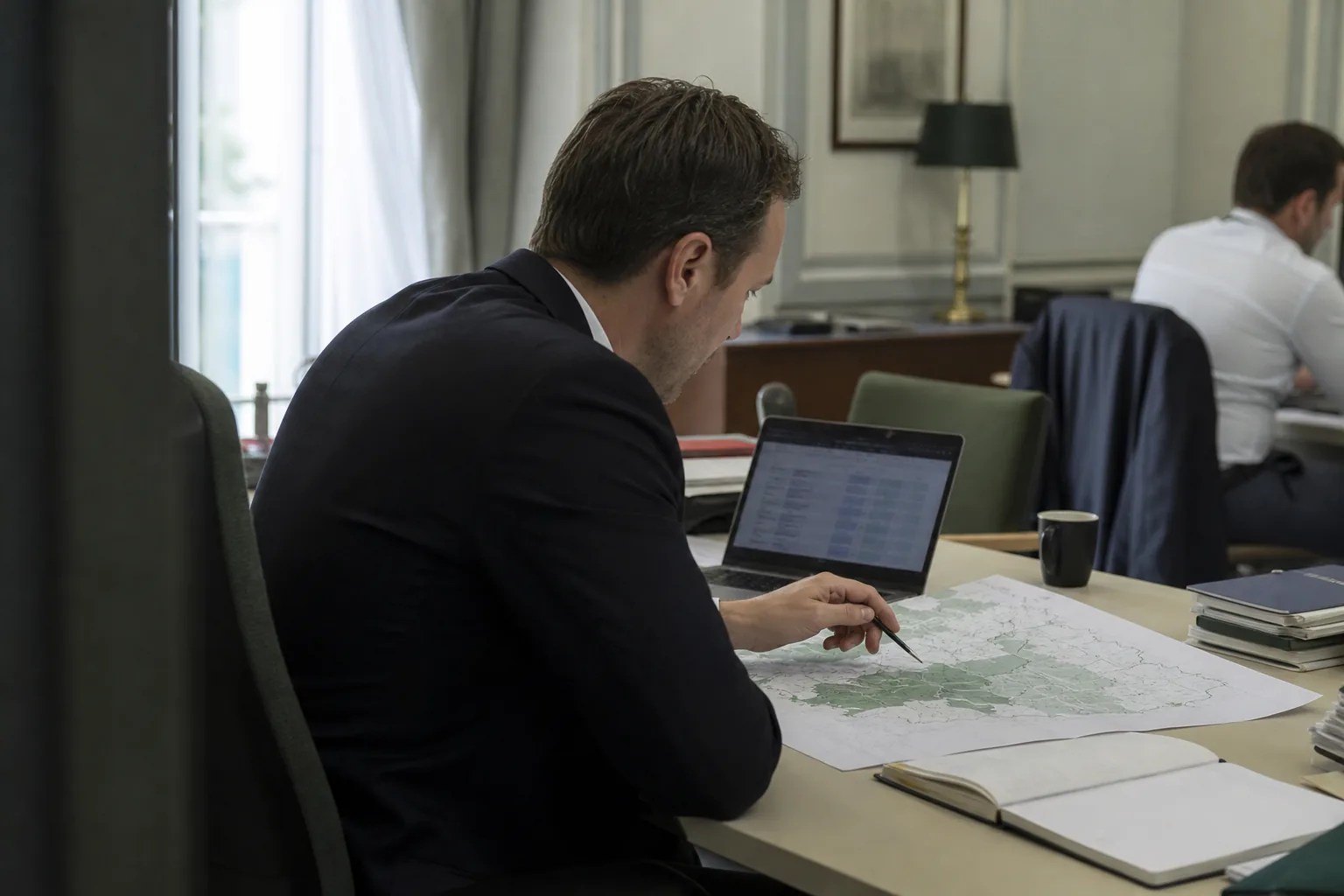 Biurko doradcy bankowego z mapą powiatów na ekranie monitora
