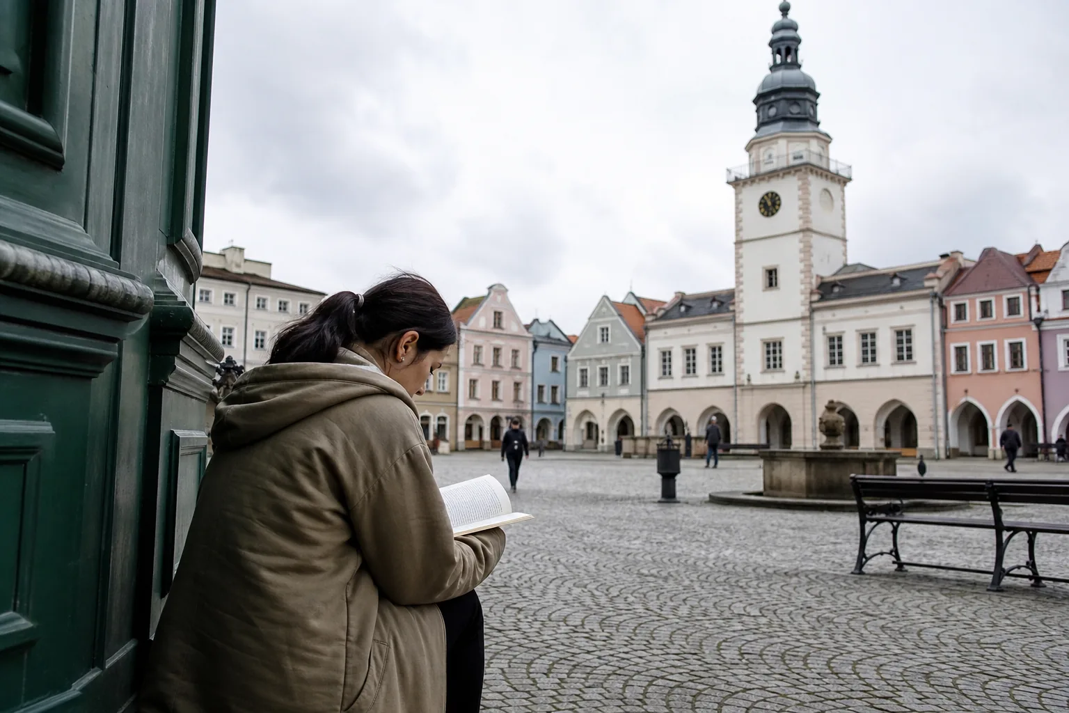 Rynek polskiego miasta powiatowego z kamienicami i ratuszem w miękkim świetle dziennym