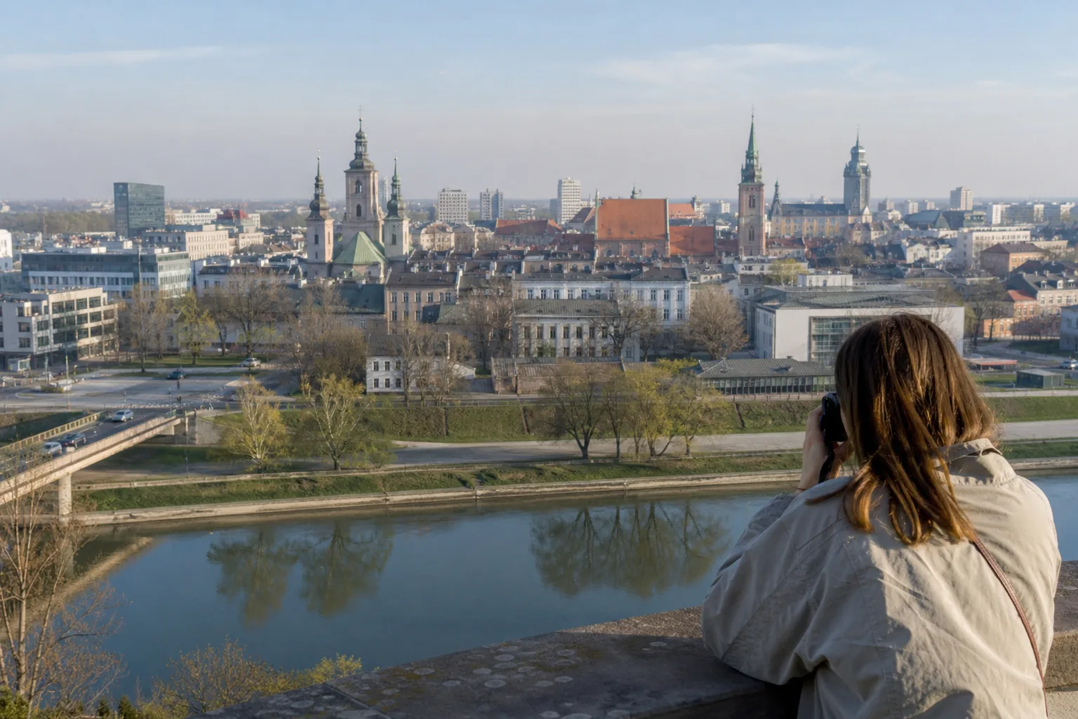 Panorama średniego polskiego miasta z biurowcami i starówką